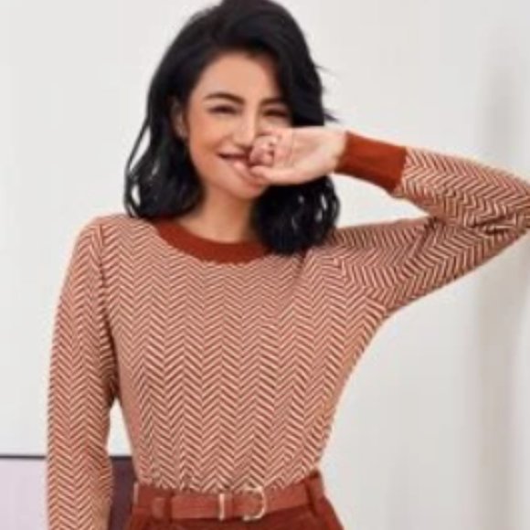 Shein Contrast Trim Striped Chevron Sweater Retro Style Size Medium - Picture 1 of 7